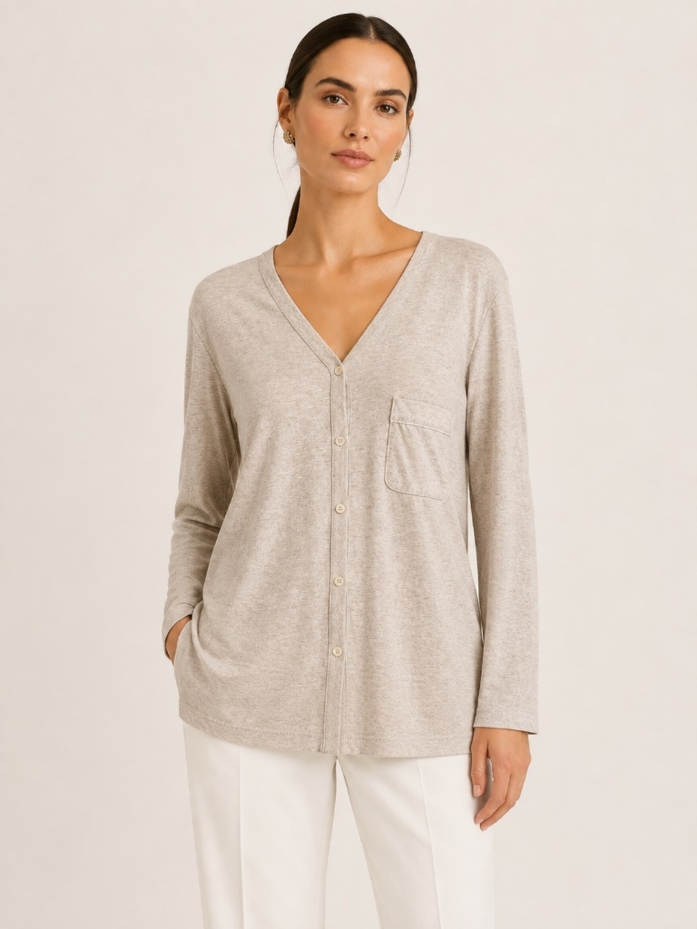 Oscar de la Renta Oatmeal Button Front V Neck Top Cardigan Loungewear Size L